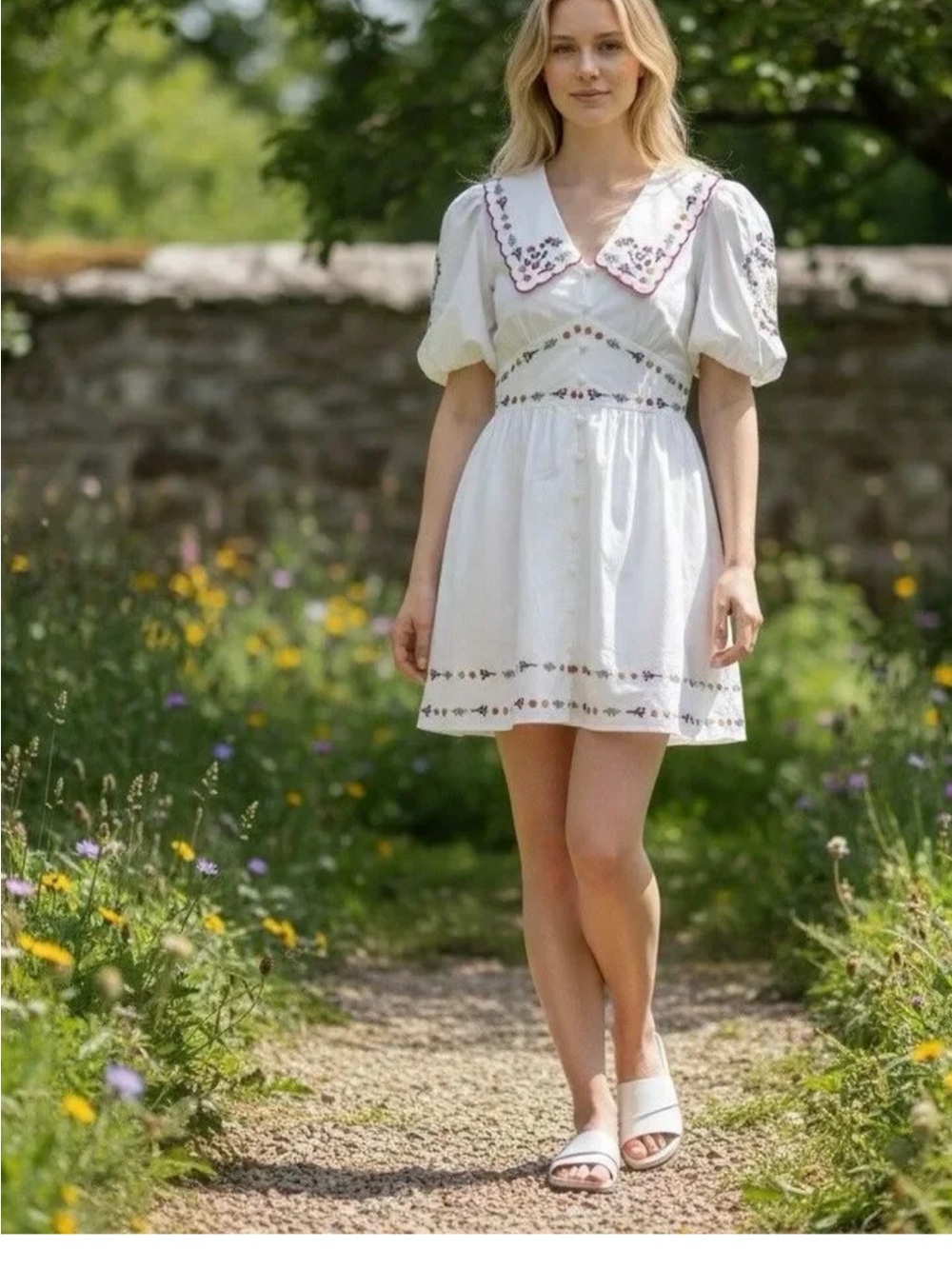 Caroline Constas White Embroidered Puff-Sleeve Mini Dress